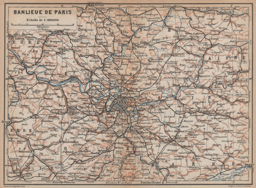 ÎLE-DE-FRANCE. Paris environs. Seine Oise Eure Loir Aisne carte 1899 old map