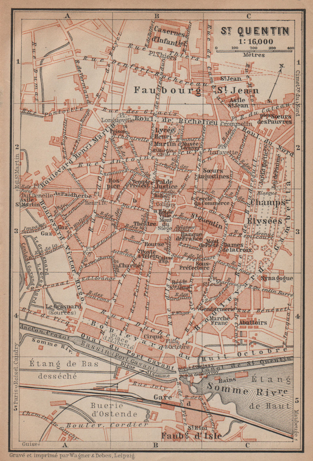 ST. QUENTIN antique town city plan de la ville. Aisne carte. BAEDEKER 1899 map