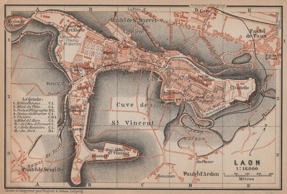 LAON antique town city plan de la ville. Aisne carte. BAEDEKER 1899 old map