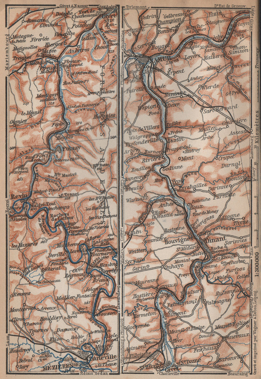 MEUSE/MAAS river valley. Charleville-Mézières Namur Dinant carte 1899 old map