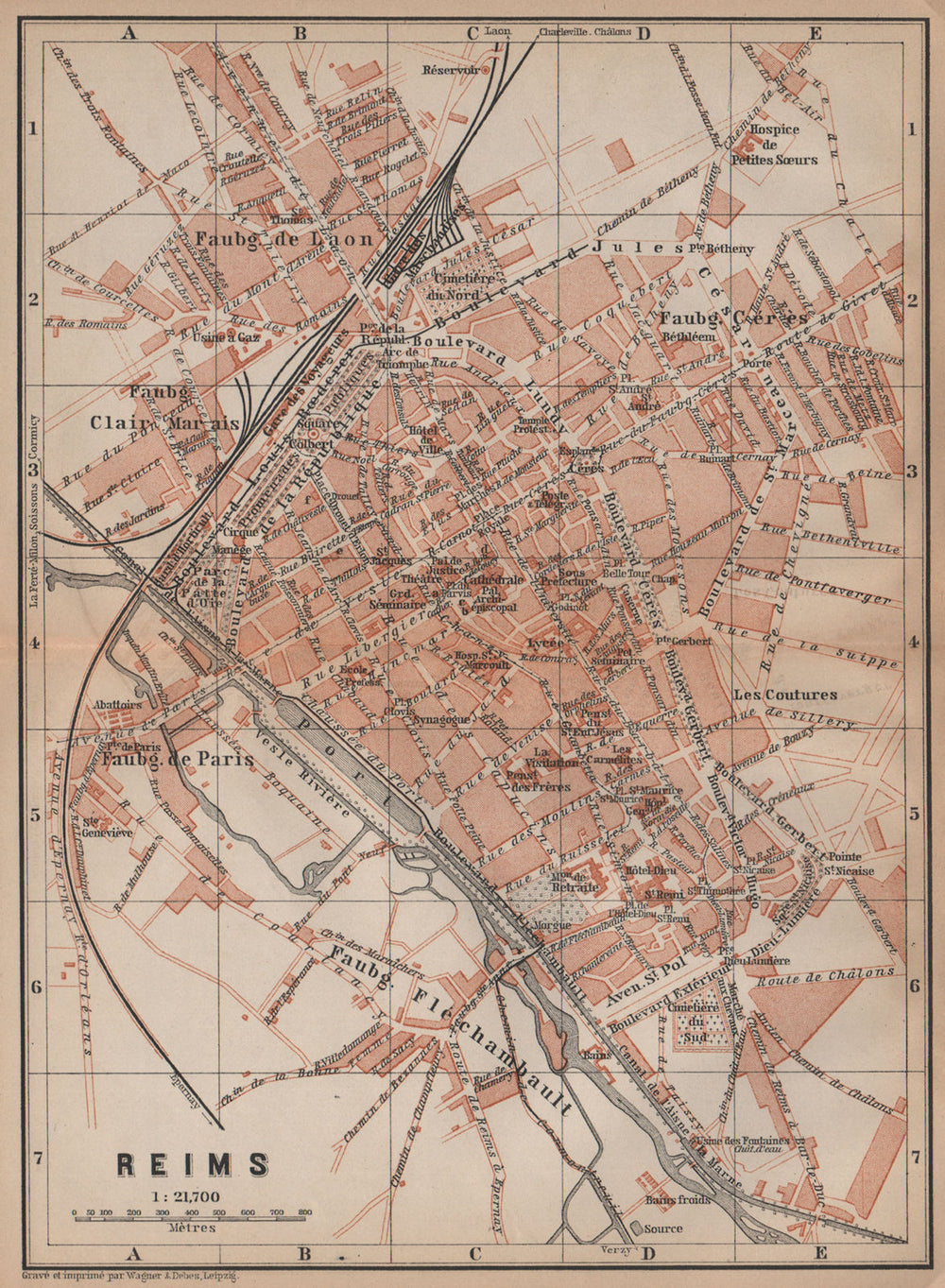 REIMS antique town city plan de la ville. Marne carte. BAEDEKER 1899 old map