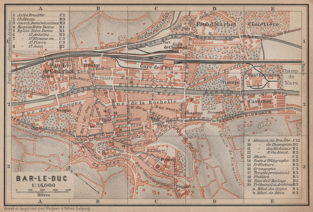 BAR-LE-DUC antique town city plan de la ville. Meuse carte. BAEDEKER 1899 map