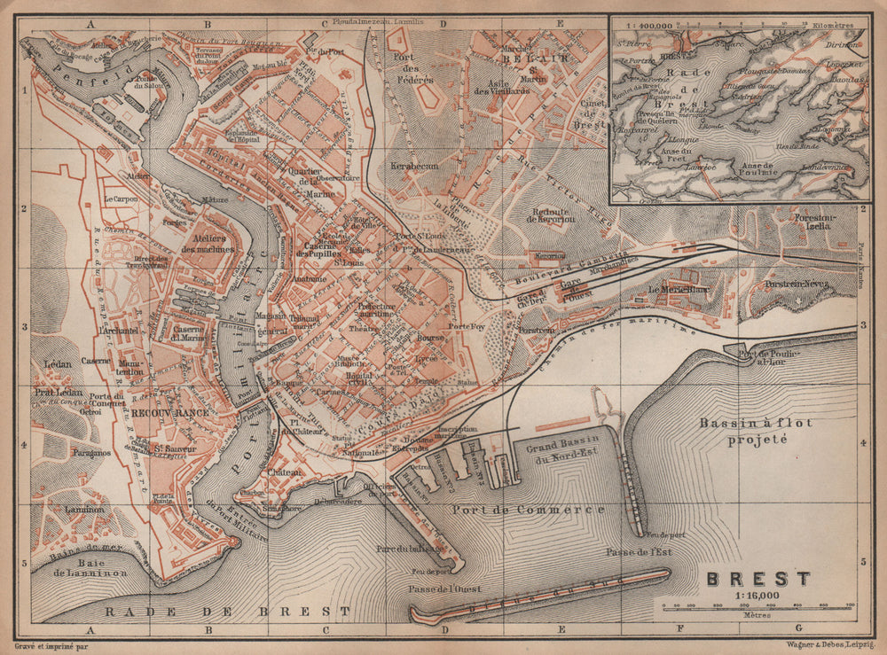 BREST town city plan de la ville. Finistère. Rade de Brest carte 1899 old map