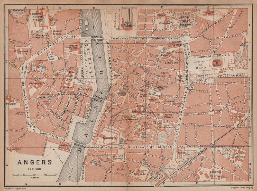 ANGERS antique town city plan de la ville. Maine-et-Loire carte 1899 old map