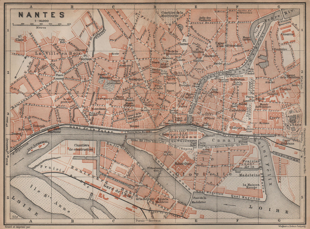 NANTES antique town city plan de la ville. Loire-Atlantique carte 1899 old map