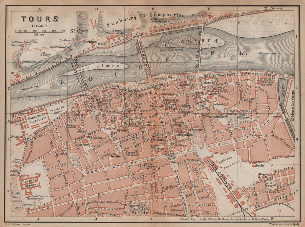 TOURS antique town city plan de la ville. Indre-et-Loire carte 1899 old map