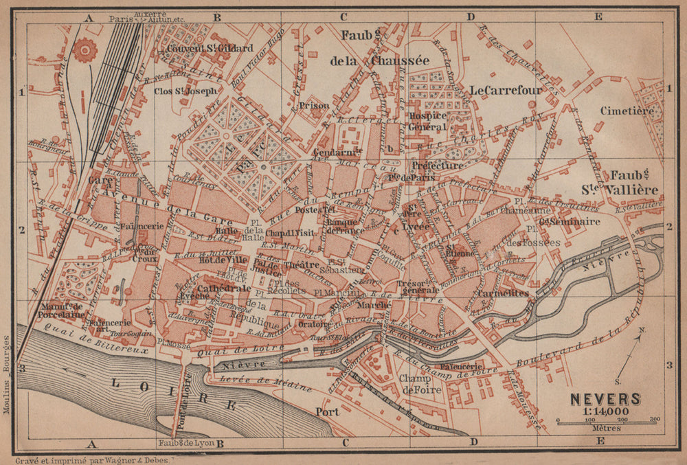 NEVERS antique town city plan de la ville. Nièvre carte. BAEDEKER 1899 old map