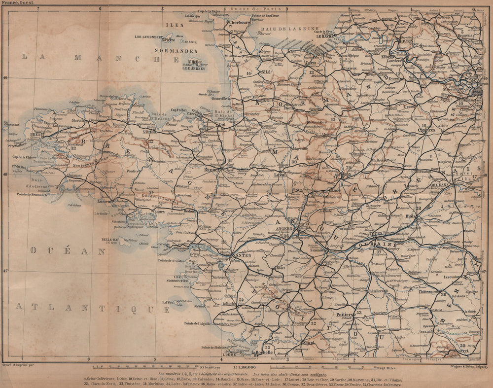 NORTH-WESTERN FRANCE. Bretagne Maine Normandie Poitou Anjou Touraine 1899 map