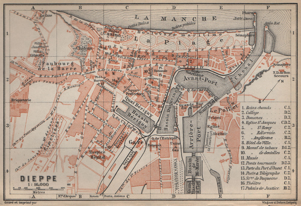 DIEPPE antique town city plan de la ville. Seine-Maritime carte 1905 old map