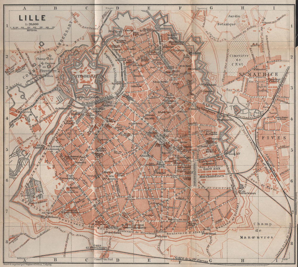 LILLE antique town city plan de la ville. Nord carte. BAEDEKER 1905 old map
