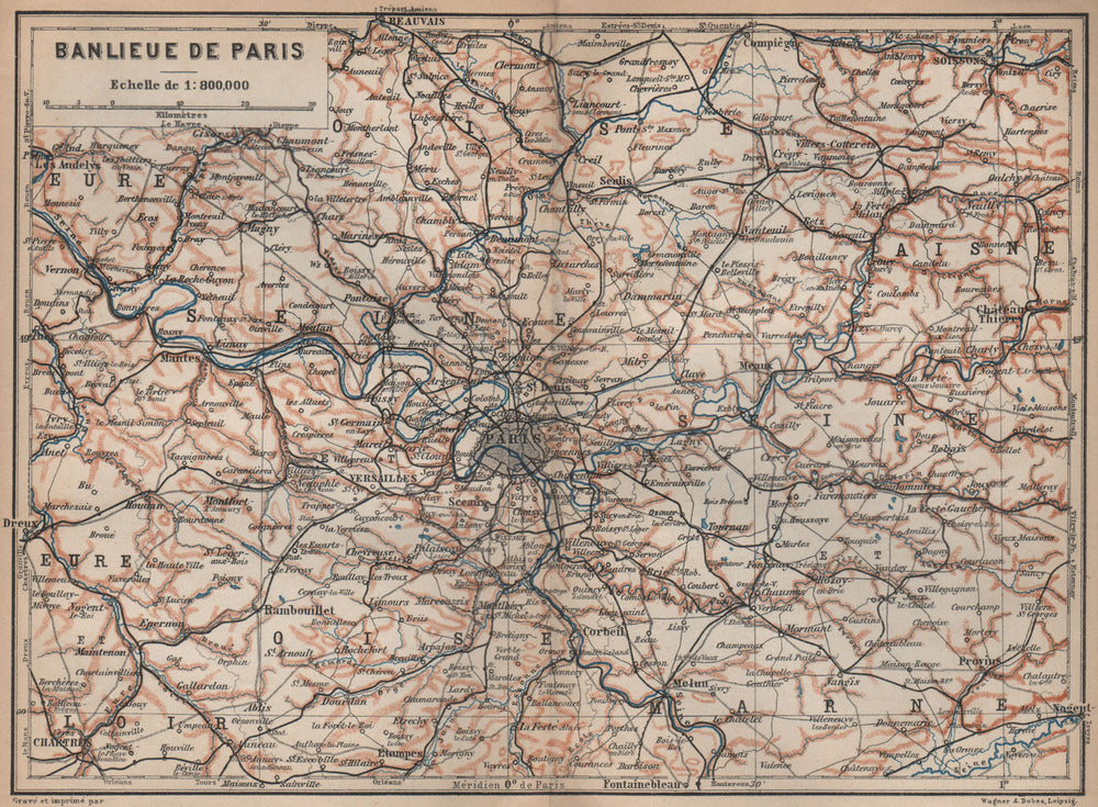 ÎLE-DE-FRANCE. Paris environs. Seine Oise Eure Loir Aisne carte 1905 old map