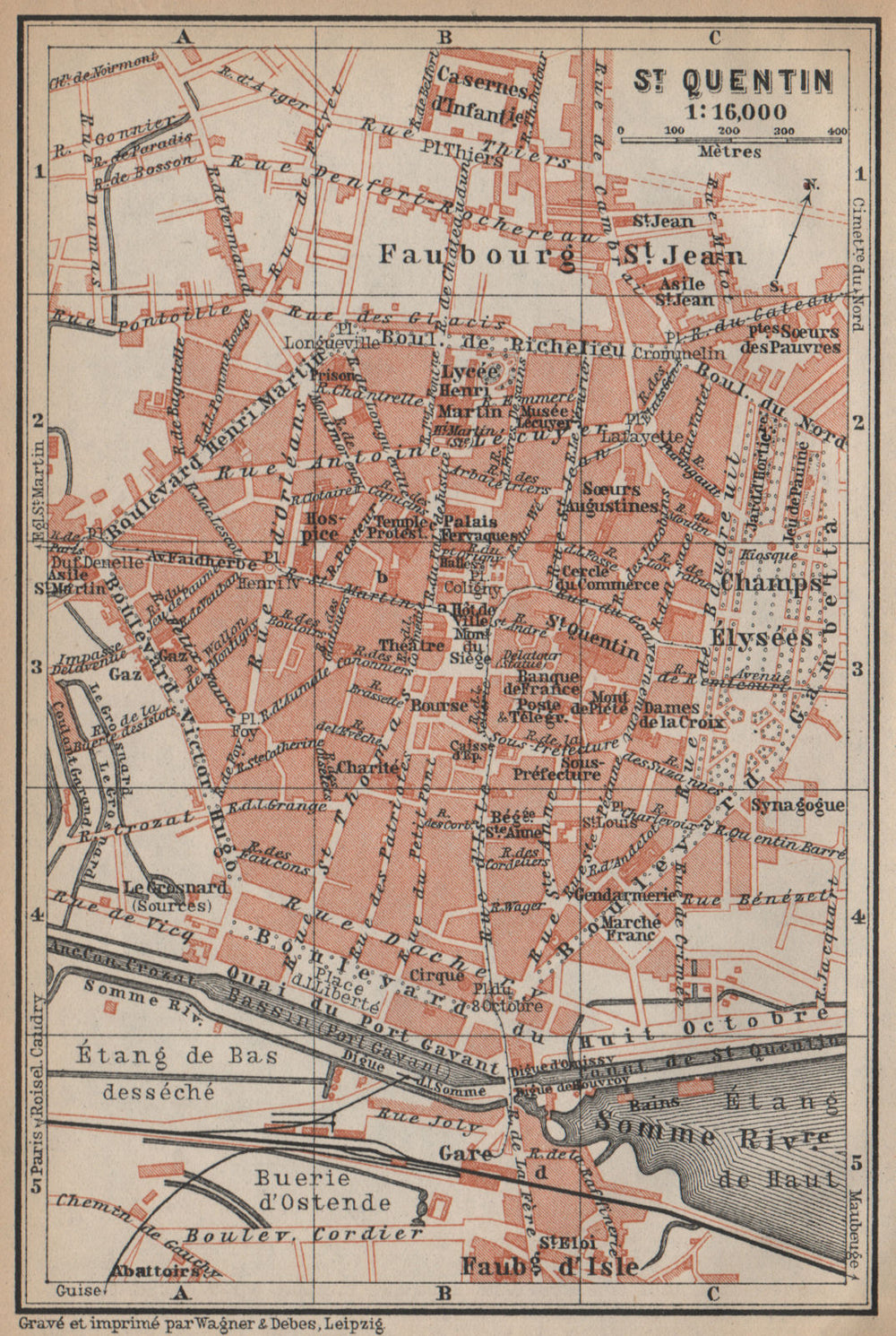 ST. QUENTIN antique town city plan de la ville. Aisne carte. BAEDEKER 1905 map