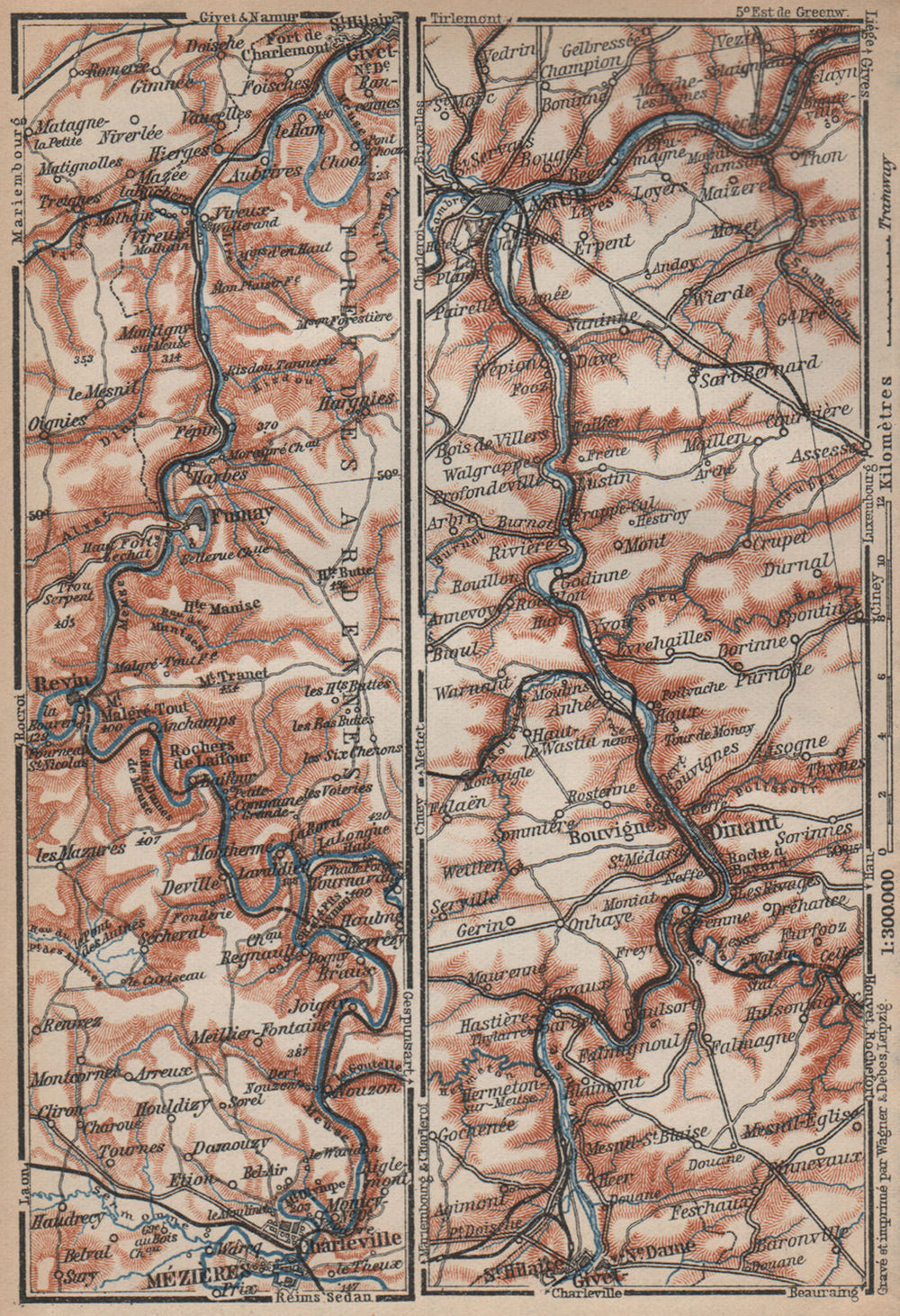 MEUSE/MAAS river valley. Charleville-Mézières Namur Dinant carte 1905 old map