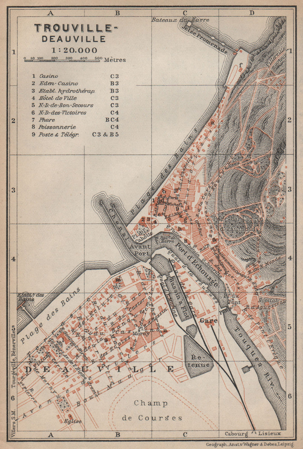TROUVILLE-DEAUVILLE antique town city plan de la ville. Calvados carte 1905 map