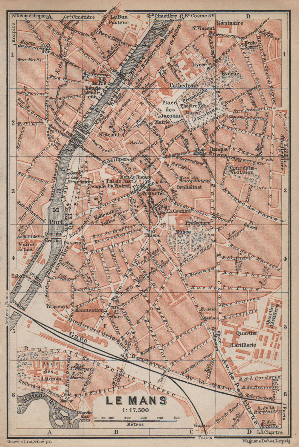LE MANS antique town city plan de la ville. Sarthe carte. BAEDEKER 1905 map