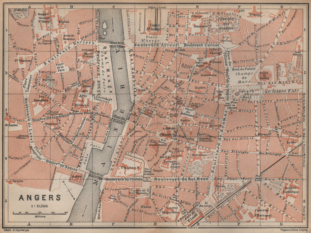 ANGERS antique town city plan de la ville. Maine-et-Loire carte 1905 old map