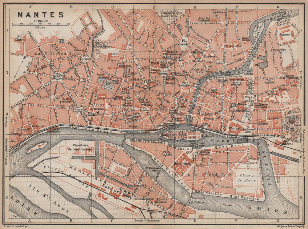 NANTES antique town city plan de la ville. Loire-Atlantique carte 1905 old map