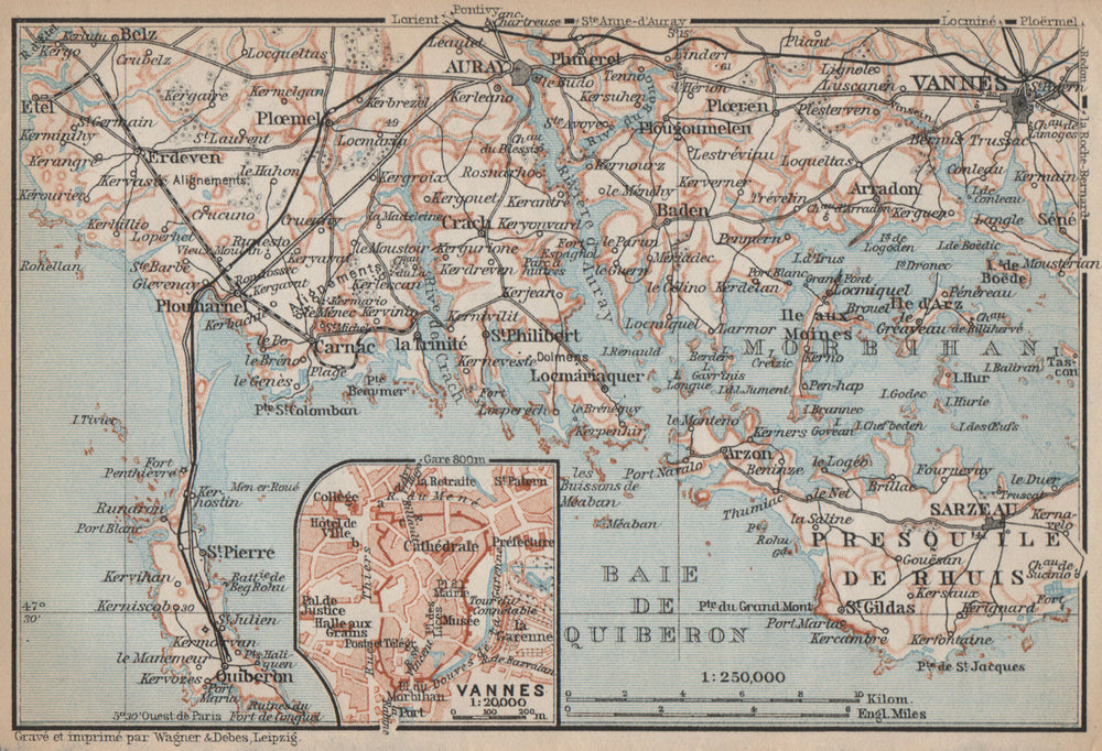 CÔTE DES MEGALITHES. Vannes Baie de Quiberon Morbihan Auray Sarzeau 1905 map