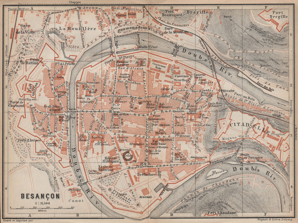 BESANÇON antique town city plan de la ville. Doubs carte. BAEDEKER 1905 map