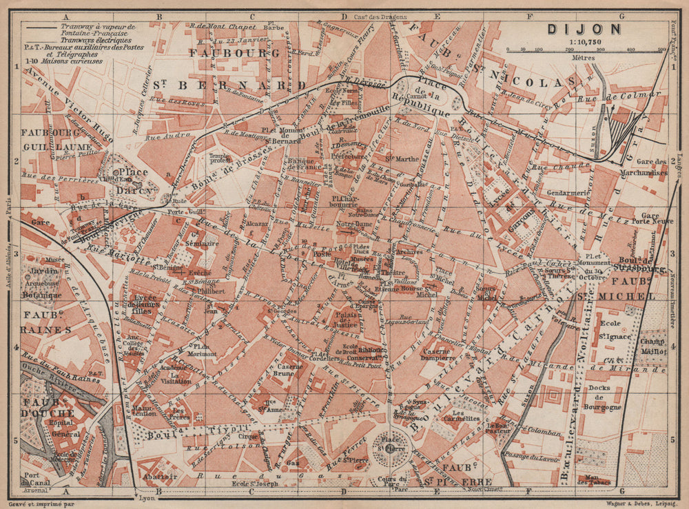 DIJON antique town city plan de la ville. Côte-d'Or. Bourgogne carte 1905 map