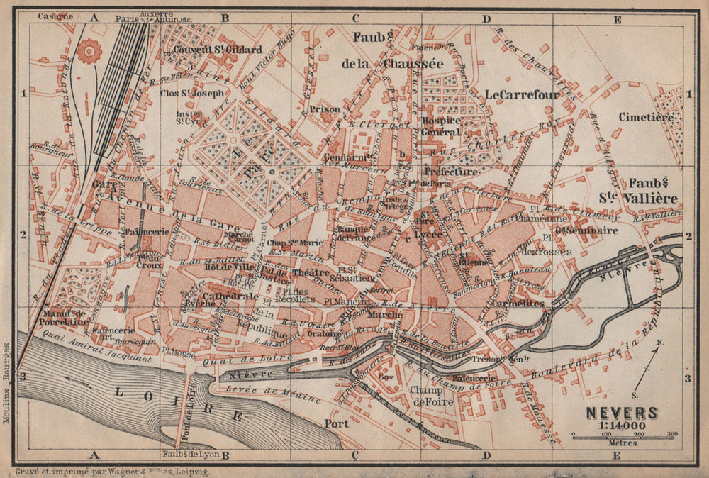 NEVERS antique town city plan de la ville. Nièvre carte. BAEDEKER 1905 old map