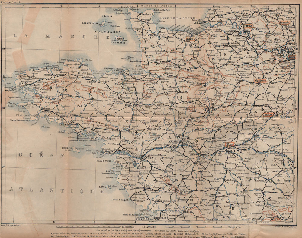 NORTH-WESTERN FRANCE. Bretagne Maine Normandie Poitou Anjou Touraine 1905 map