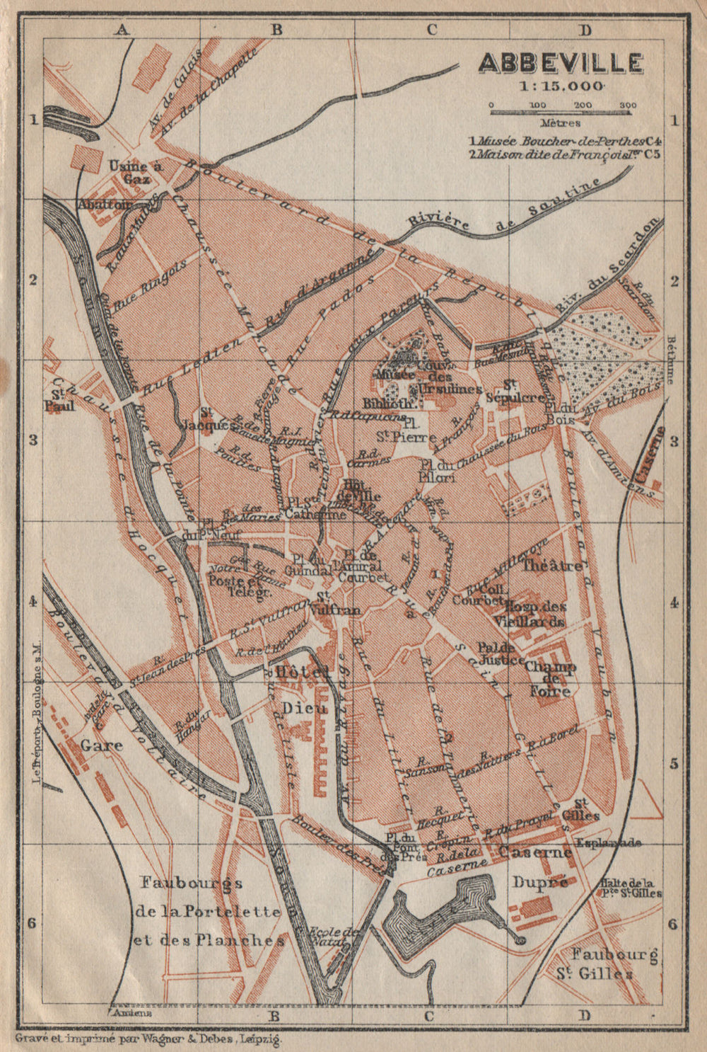 ABBEVILLE antique town city plan de la ville. Somme carte. BAEDEKER 1909 map