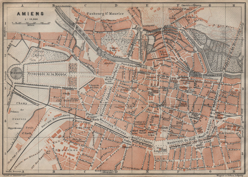 AMIENS antique town city plan de la ville. Somme carte. BAEDEKER 1909 old map