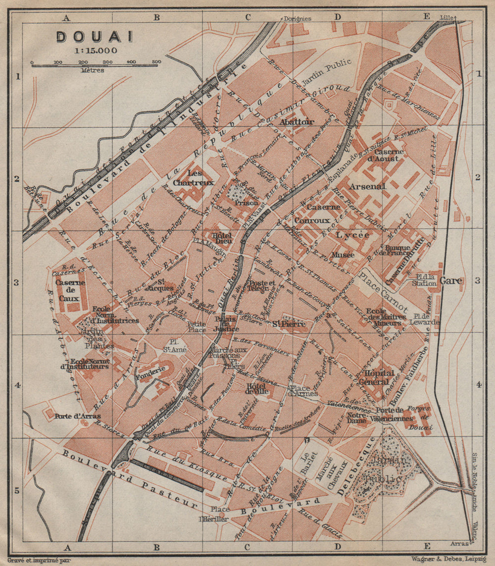 DOUAI antique town city plan de la ville. Nord carte. BAEDEKER 1909 old map