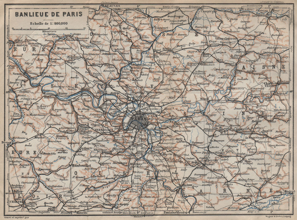 ÎLE-DE-FRANCE. Paris environs. Seine Oise Eure Loir Aisne carte 1909 old map
