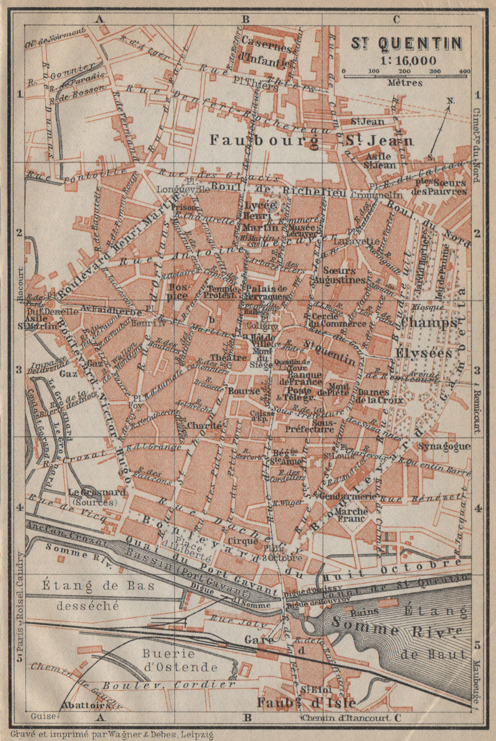 ST. QUENTIN antique town city plan de la ville. Aisne carte. BAEDEKER 1909 map