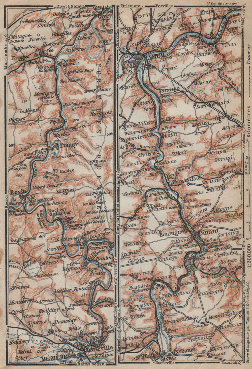 MEUSE/MAAS river valley. Charleville-Mézières Namur Dinant carte 1909 old map