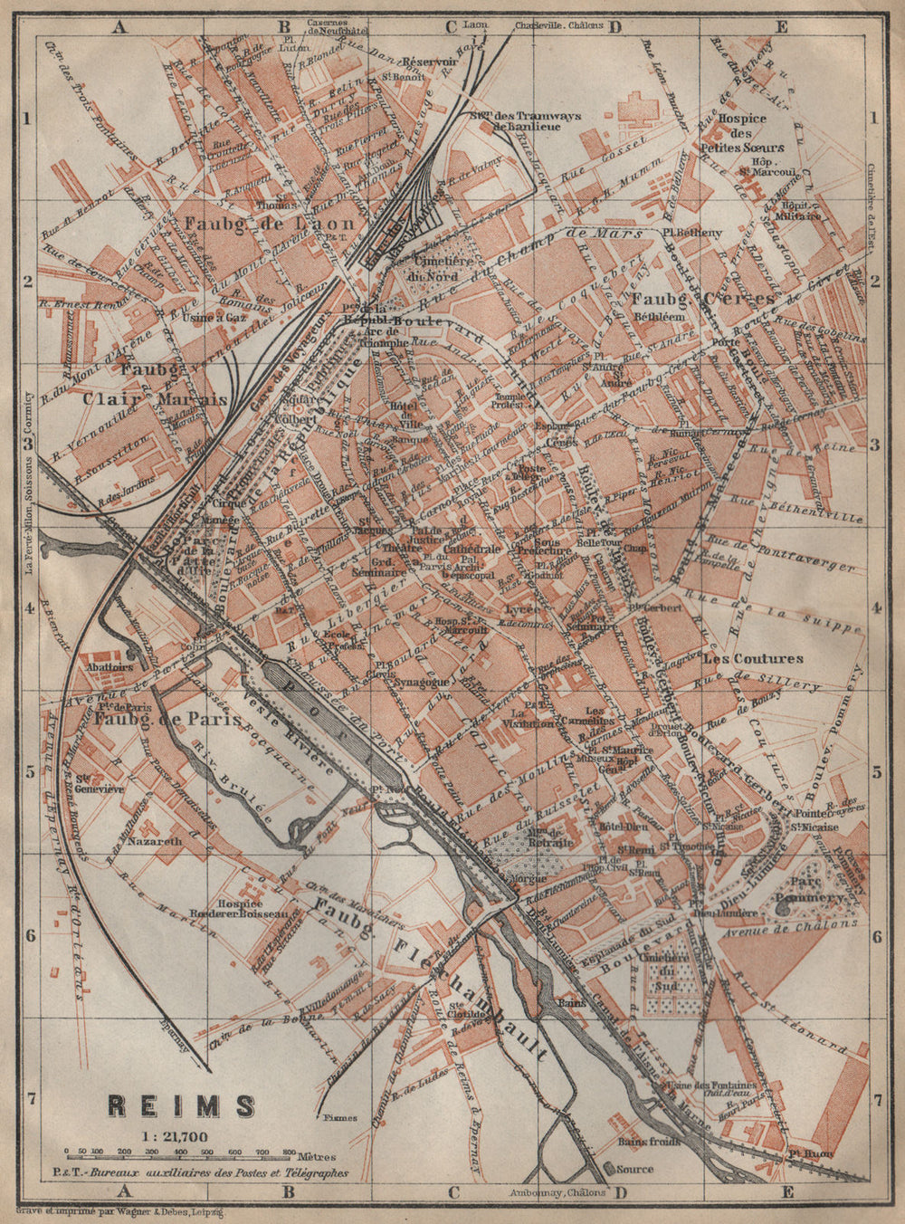 REIMS antique town city plan de la ville. Marne carte. BAEDEKER 1909 old map