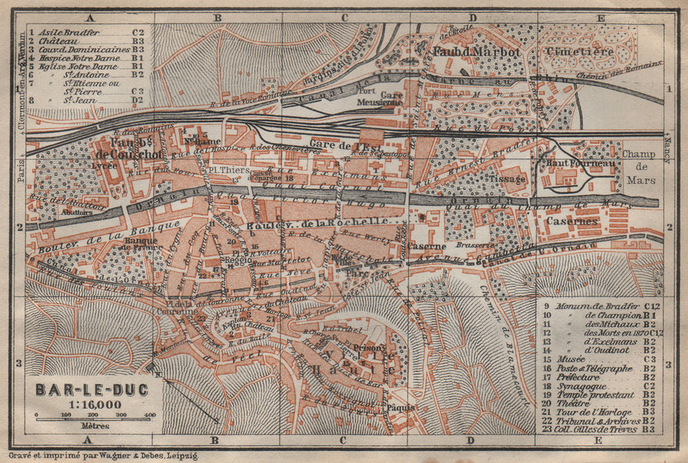 BAR-LE-DUC antique town city plan de la ville. Meuse carte. BAEDEKER 1909 map