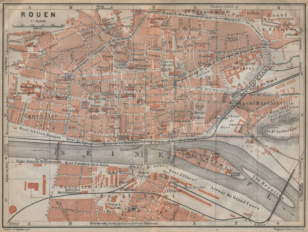 ROUEN antique town city plan de la ville. Seine-Maritime carte 1909 old map