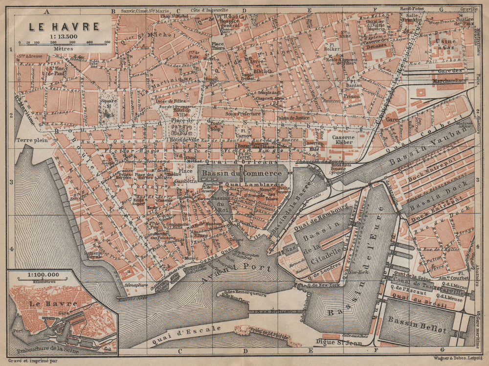 LE HAVRE antique town city plan de la ville. Seine-Maritime carte 1909 old map