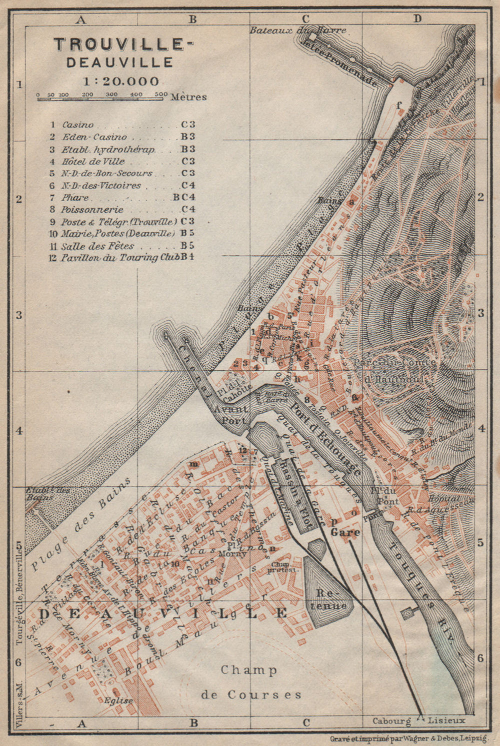 TROUVILLE-DEAUVILLE antique town city plan de la ville. Calvados carte 1909 map