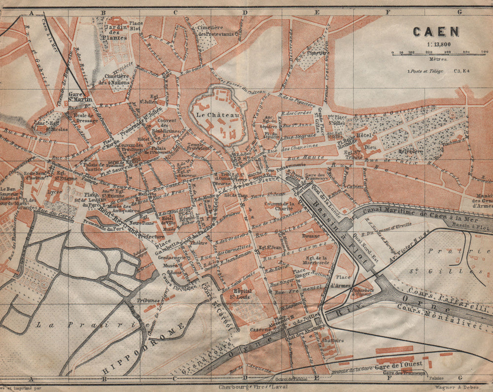 CAEN antique town city plan de la ville. Calvados carte. BAEDEKER 1909 old map