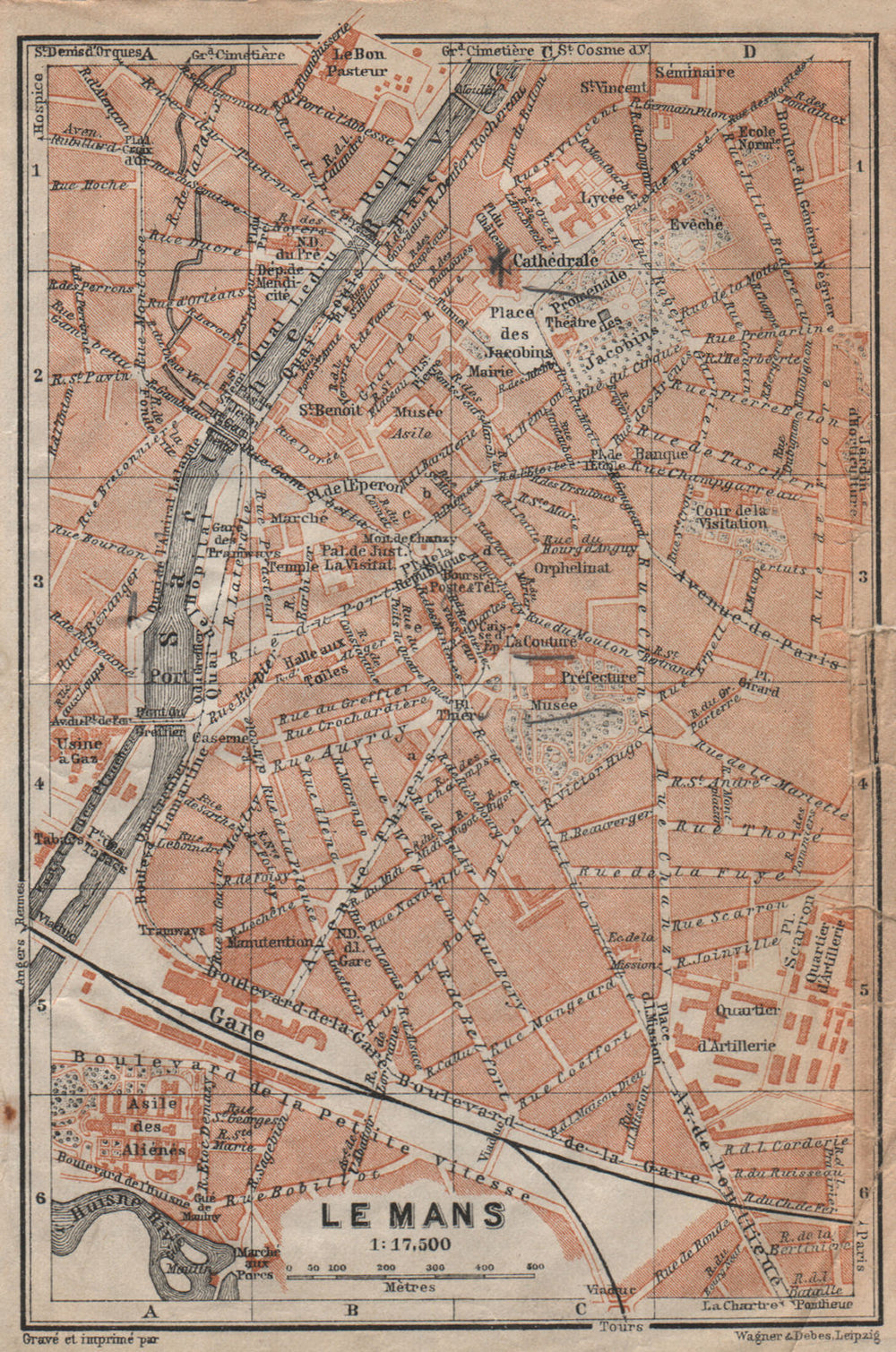 LE MANS antique town city plan de la ville. Sarthe carte. BAEDEKER 1909 map