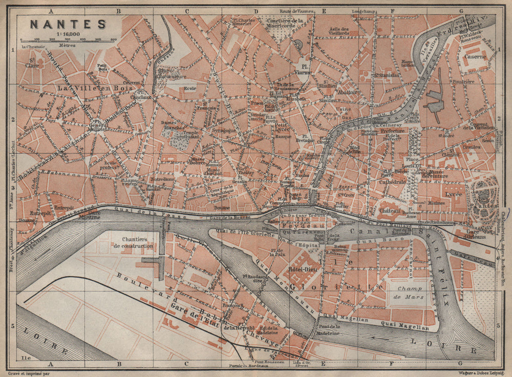 NANTES antique town city plan de la ville. Loire-Atlantique carte 1909 old map