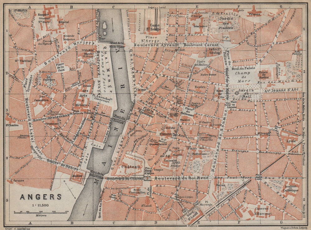 ANGERS antique town city plan de la ville. Maine-et-Loire carte 1909 old map