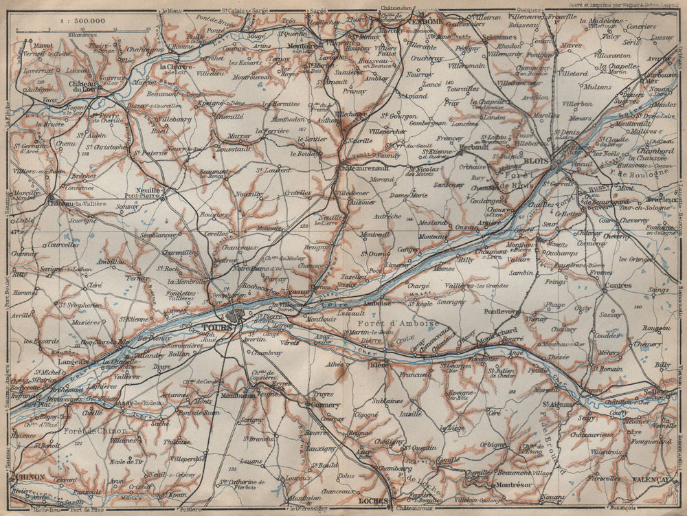 LOIRE VALLEY/CHATEAUX. Tours Blois Chinon Cher carte. BAEDEKER 1909 old map