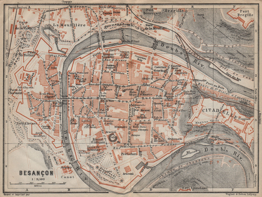 BESANÇON antique town city plan de la ville. Doubs carte. BAEDEKER 1909 map