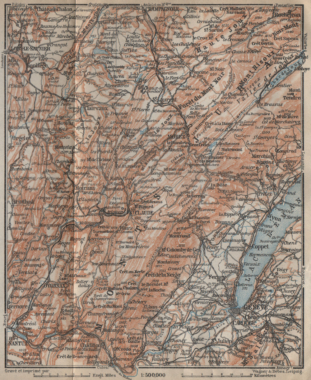 FRENCH JURA (SOUTH). Ain Genève Geneva Lons-le-Saunier Nantua Oyonnax 1909 map