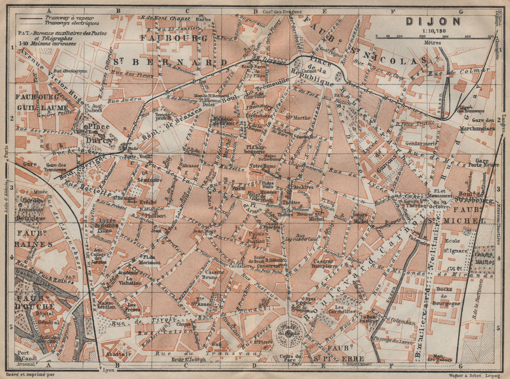 DIJON antique town city plan de la ville. Côte-d'Or. Bourgogne carte 1909 map