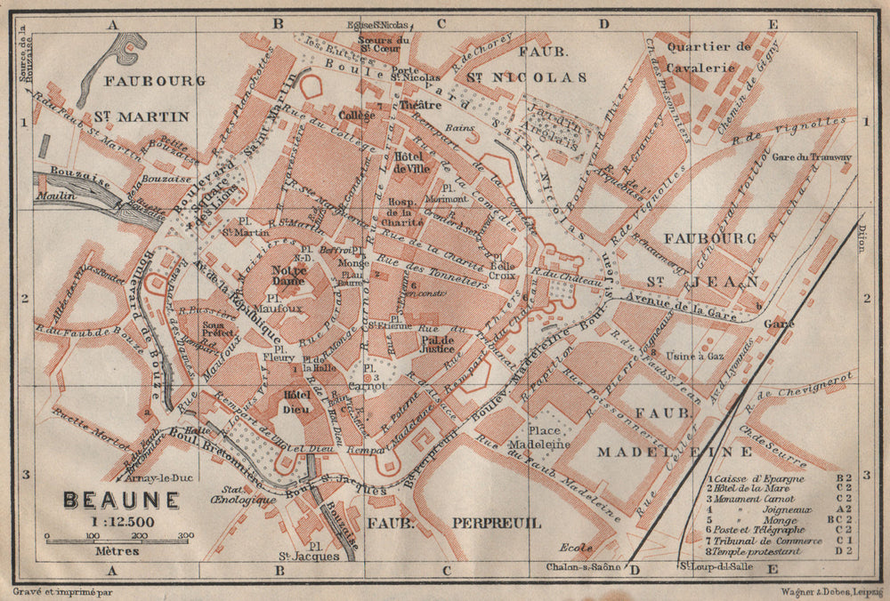 BEAUNE antique town city plan de la ville. Côte-d'Or. Bourgogne carte 1909 map