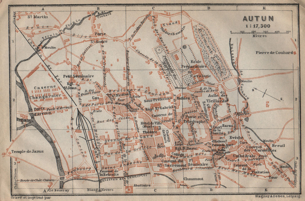 AUTUN antique town city plan de la ville. Saône-et-Loire carte 1909 old map