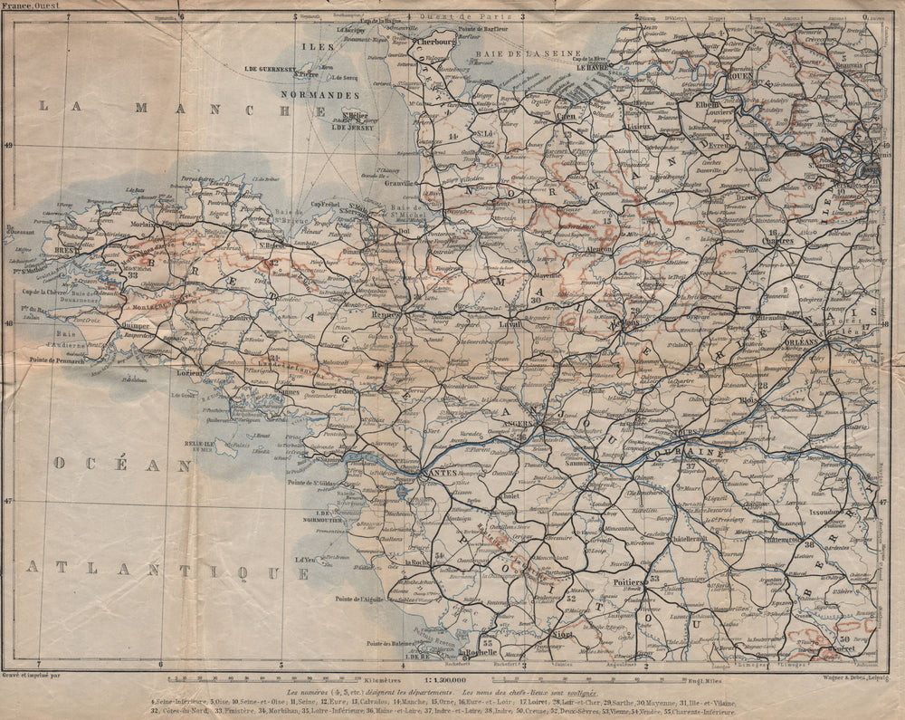 NORTH-WESTERN FRANCE. Bretagne Maine Normandie Poitou Anjou Touraine 1909 map