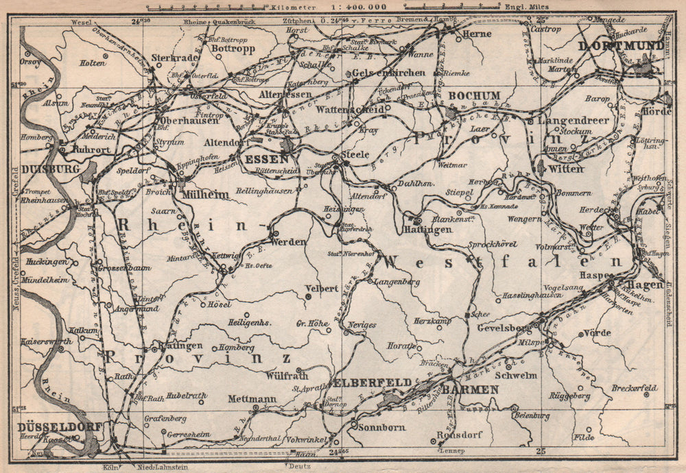 RUHRGEBIET. RUHR railways. Dusseldorf Duisburg Dortmund Essen Bochum 1886 map