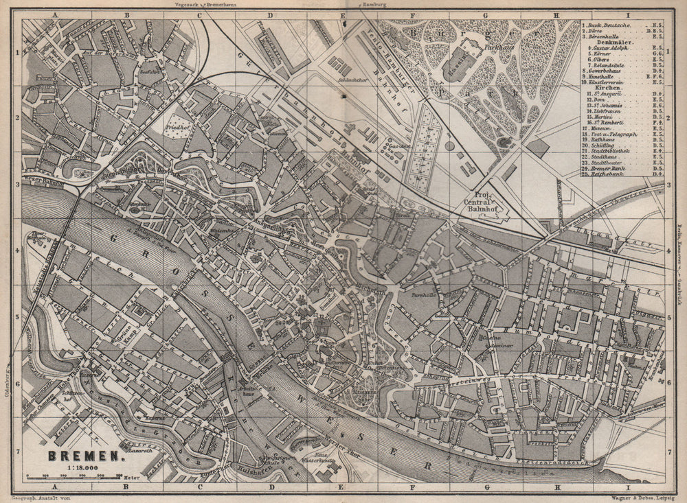 BREMEN antique town city stadtplan. Deutschland karte. BAEDEKER 1886 old map
